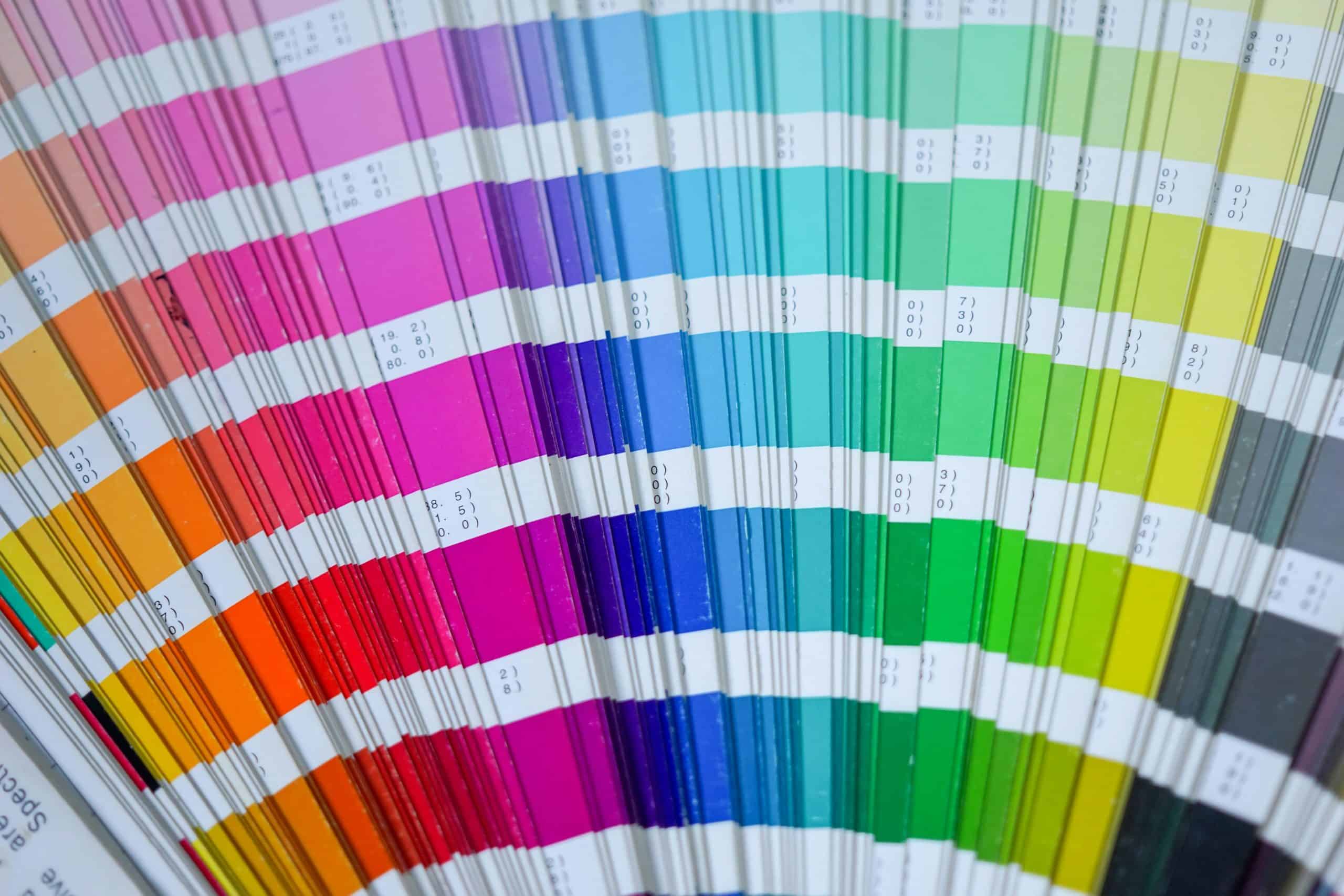 Color palette fan deck showing a wide range of colors and shades for brand color selection.