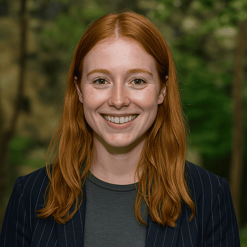 Red-haired woman smiling outdoors, professional headshot in natural setting for SOHO branding.