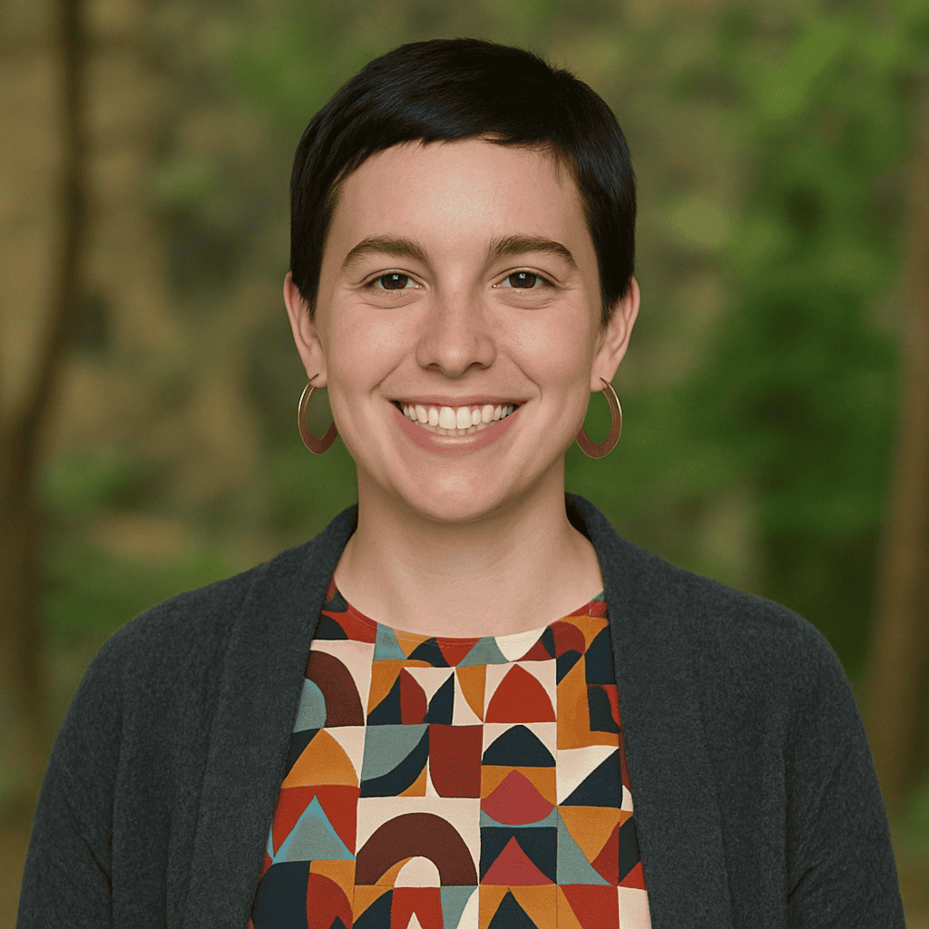 Bright smiling woman with short dark hair, wearing colorful geometric print top and hoop earrings outdoors.