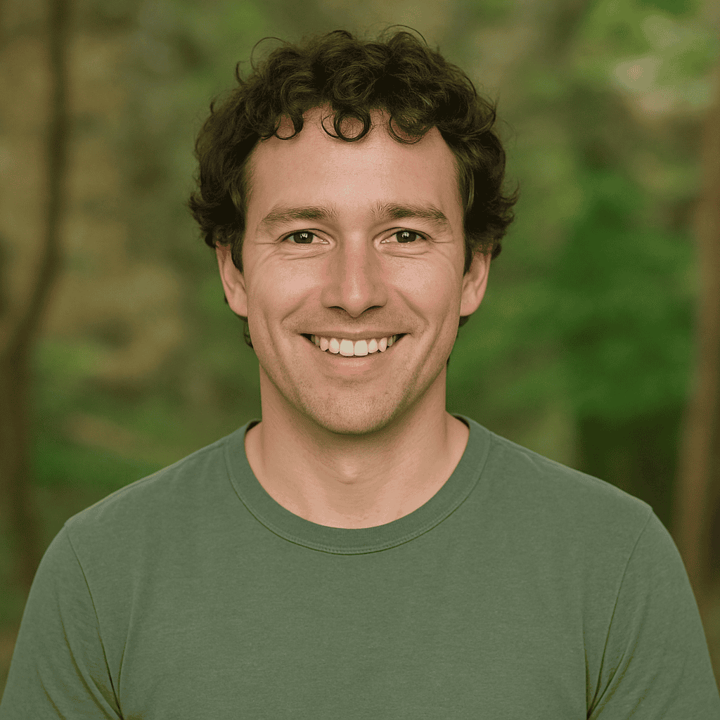 Men smiling outdoors in a green setting, showcasing casual style and natural vibe.