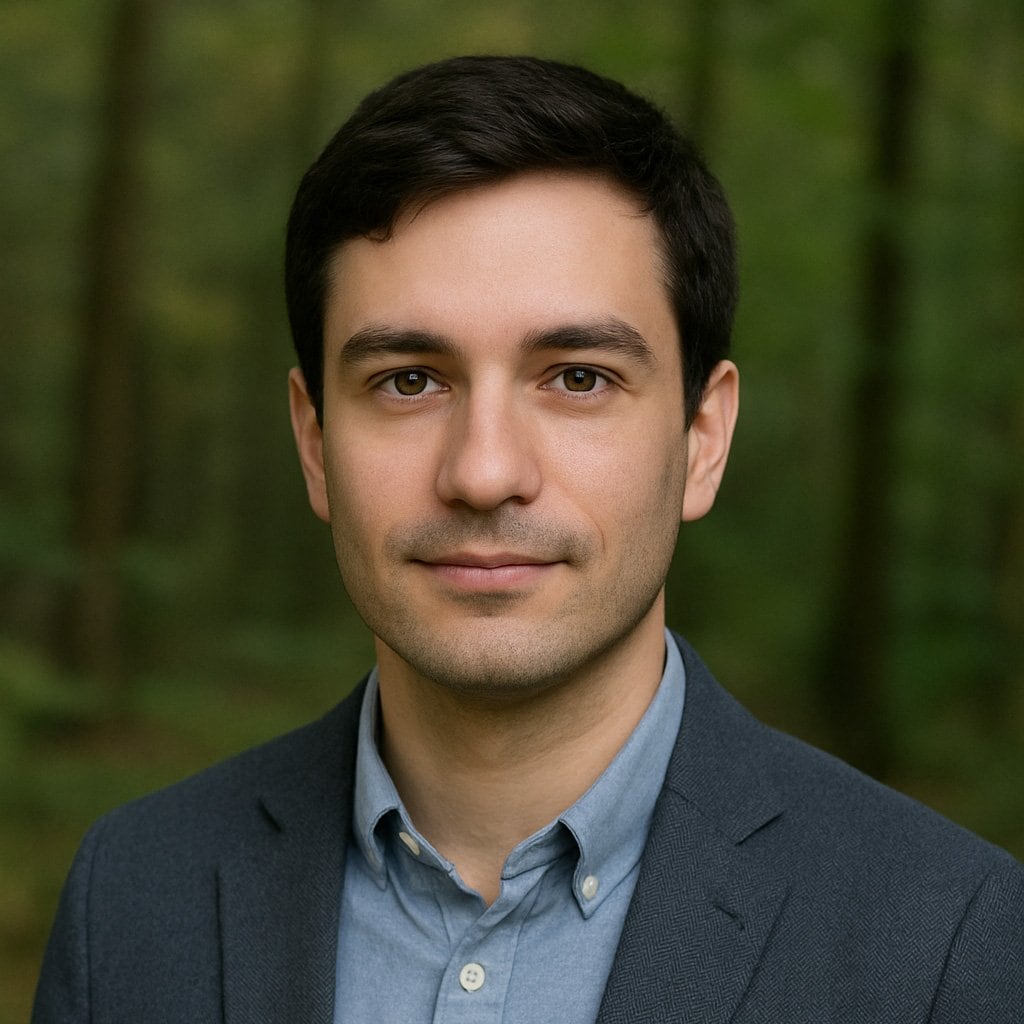 Male professional in outdoor setting, business attire, confident demeanor, natural background.