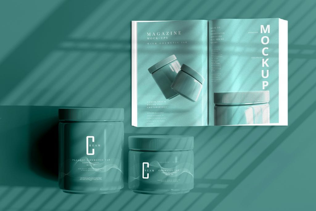 Skincare product jars with shadow effects on teal background, showcasing minimalist design.