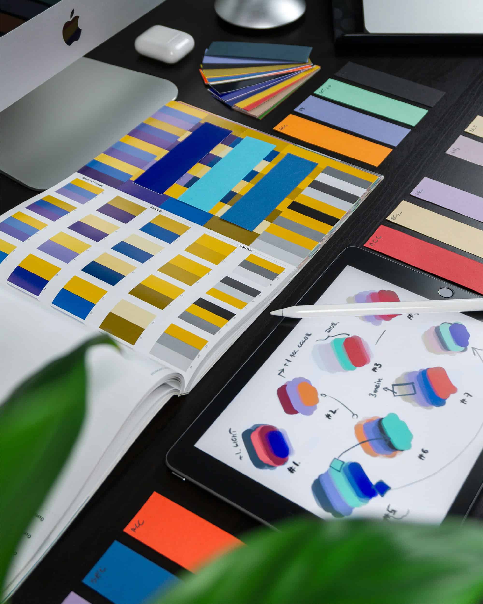 Creative color selection and design planning for branding.