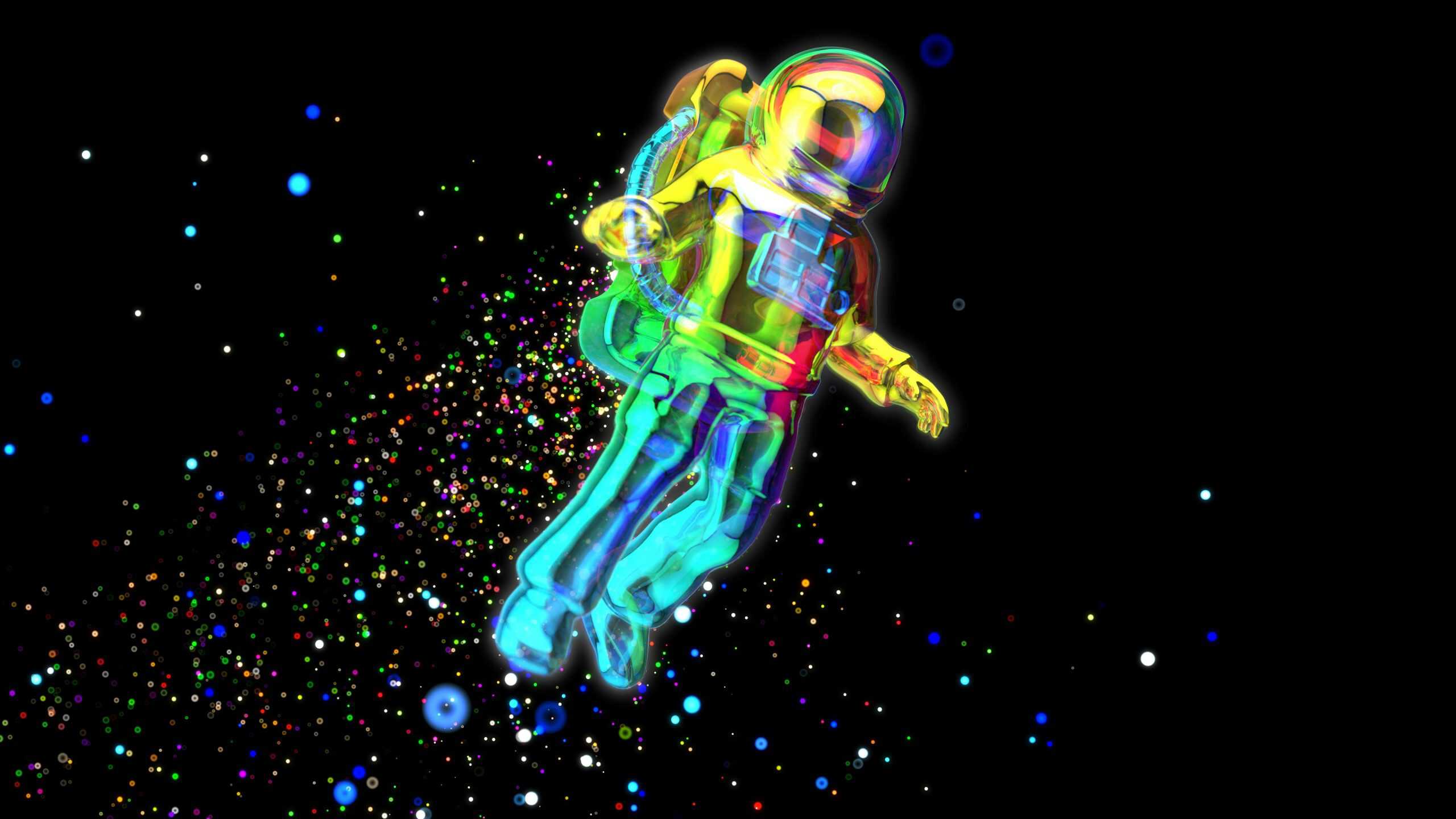 Vibrant astronaut floating in space with colorful particles and stars.
