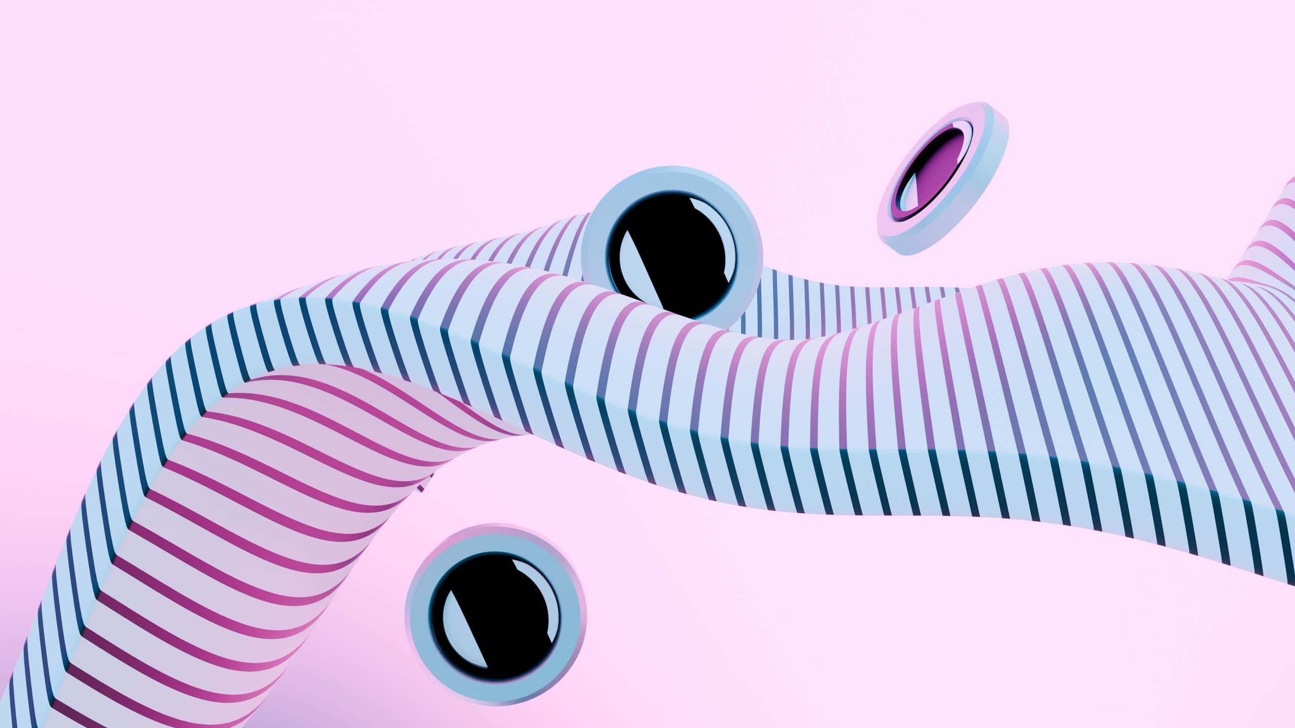 Colorful digital art with striped tentacles and googly eyes on pink background.
