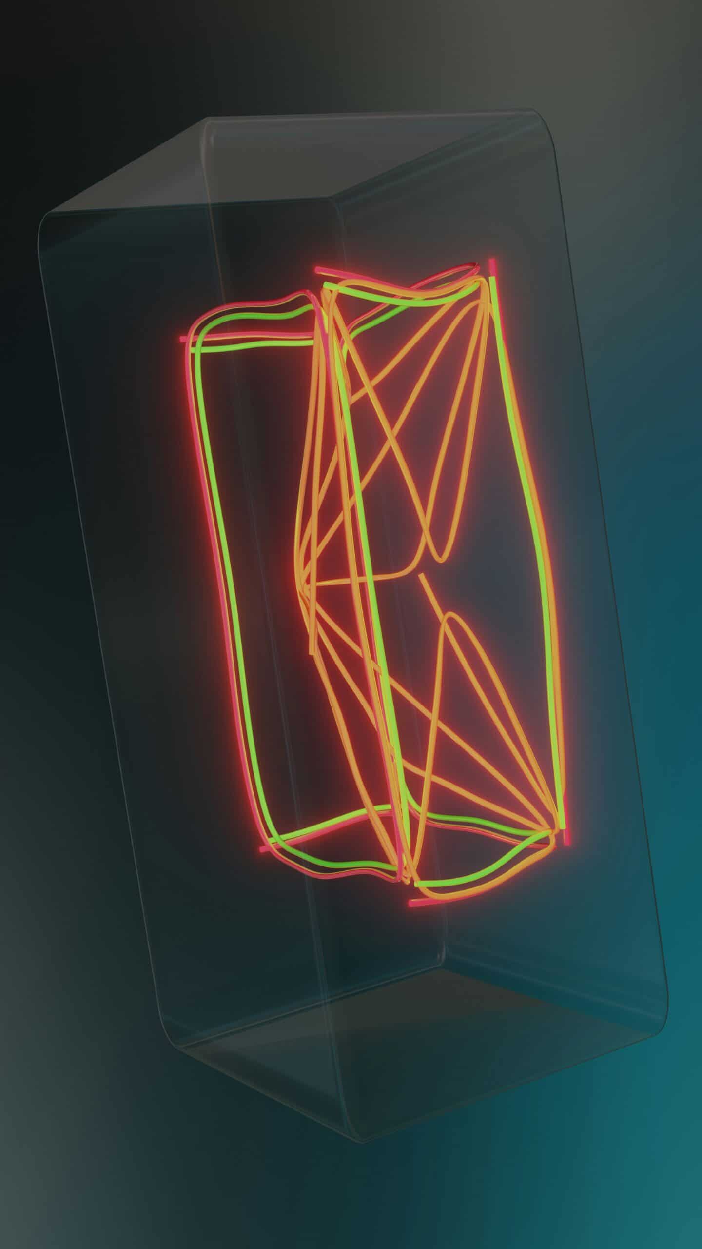 Colorful neon light sign with abstract design on dark background.