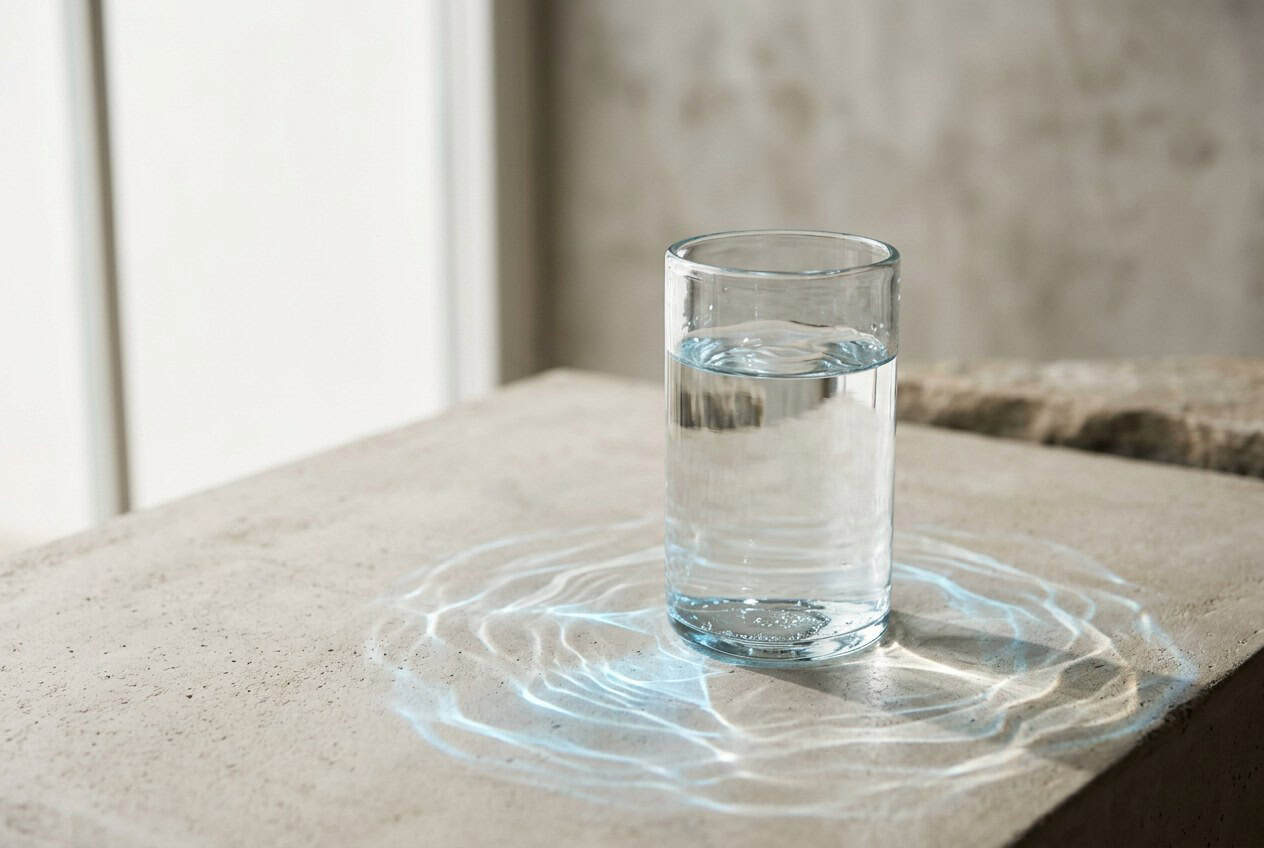 AI transparency in marketing illustrated by a clear vessel of rippling water in cool blue light